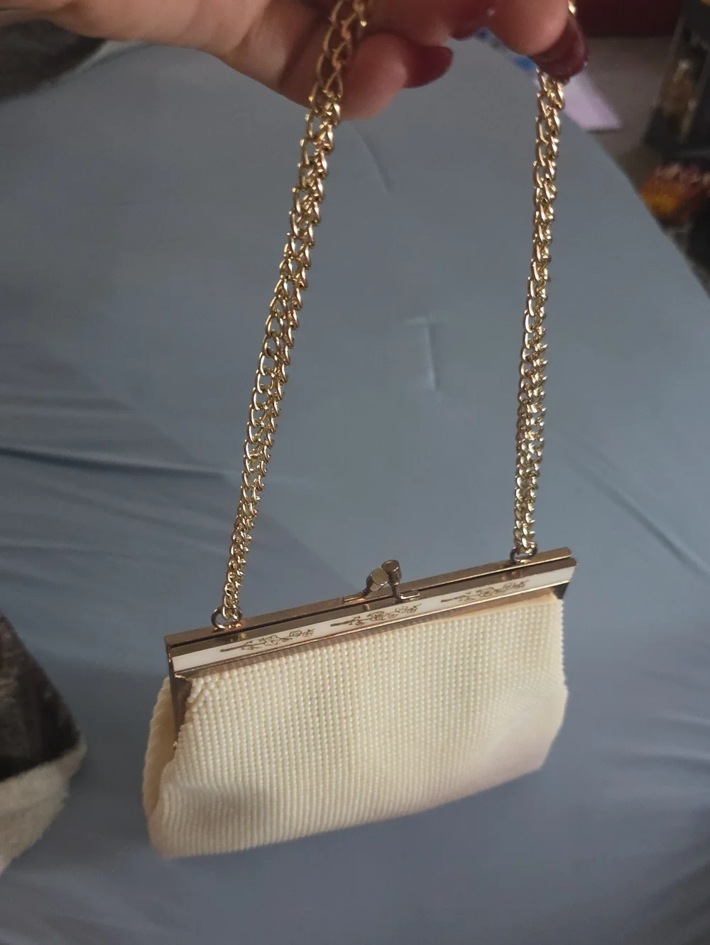 Cream Textured Chain-Handle Evening Clutch